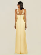 KissDress-Santillia Pastel Yellow Sheath Chiffon V Neck Long Bridesmaid Dress with Slit