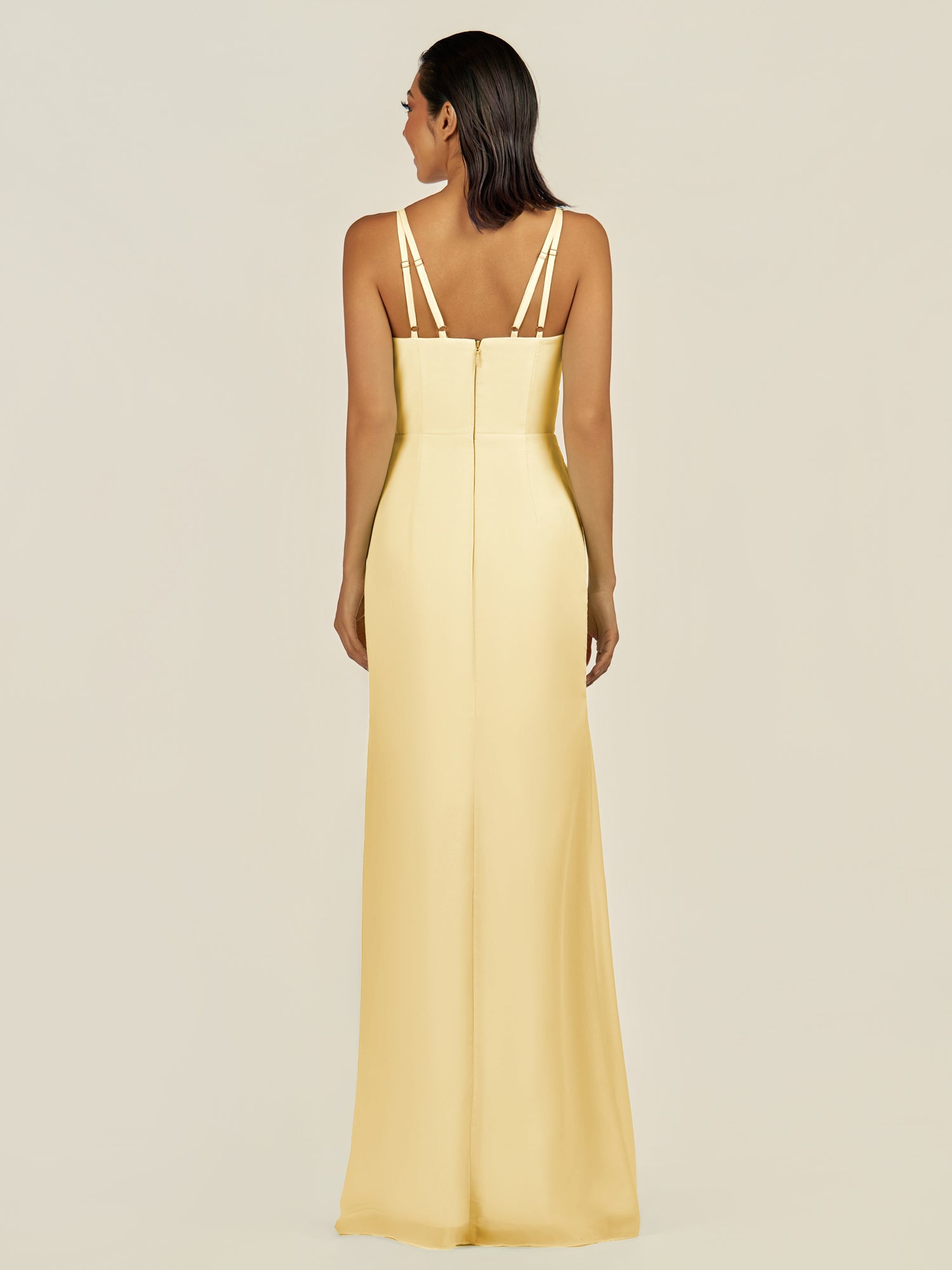 KissDress-Santillia Pastel Yellow Sheath Chiffon V Neck Long Bridesmaid Dress with Slit