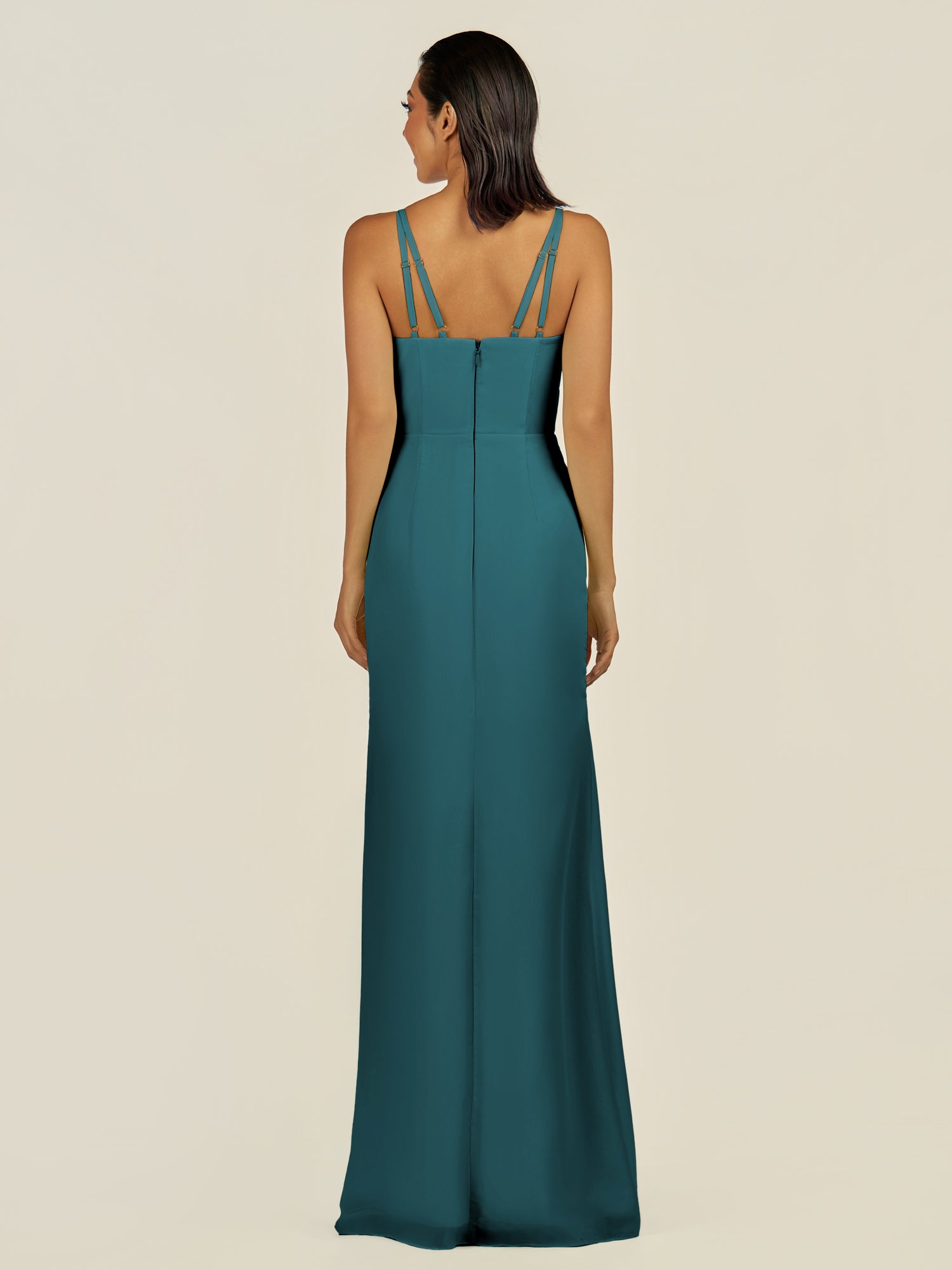 KissDress-Santillia Pine Sheath Chiffon V Neck Long Bridesmaid Dress with Slit