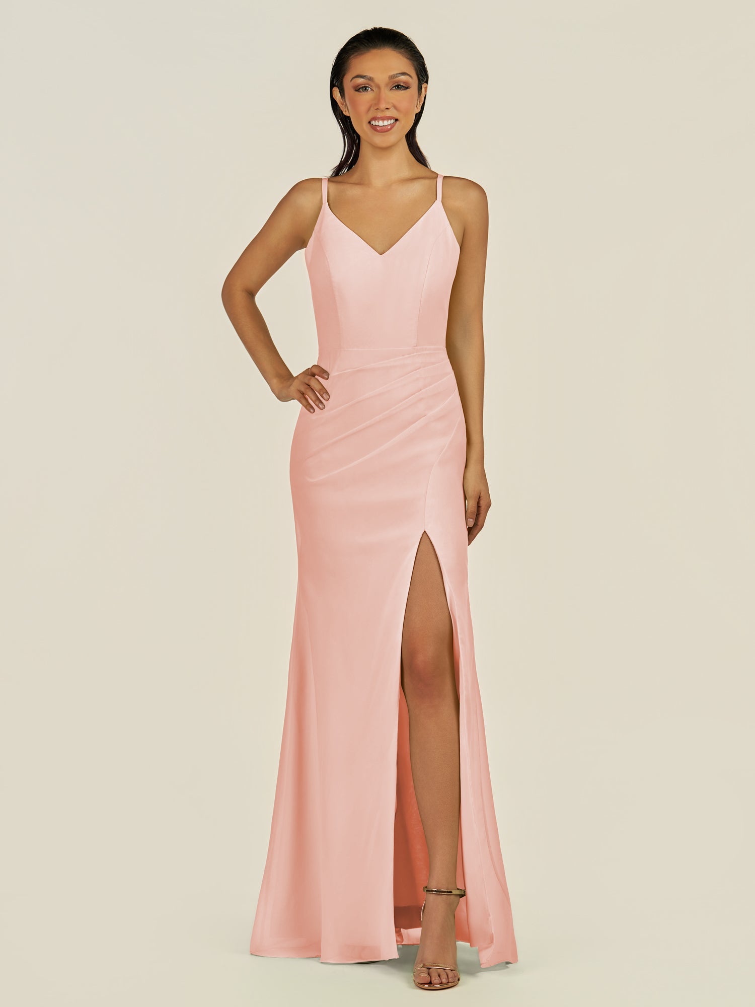KissDress-Santillia Rose Petal Sheath Chiffon V Neck Long Bridesmaid Dress with Slit