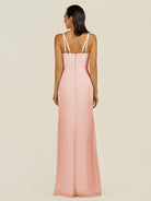 KissDress-Santillia Rose Petal Sheath Chiffon V Neck Long Bridesmaid Dress with Slit