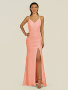 KissDress-Santillia Rosette Sheath Chiffon V Neck Long Bridesmaid Dress with Slit