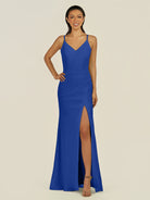 KissDress-Santillia Royal Blue Sheath Chiffon V Neck Long Bridesmaid Dress with Slit