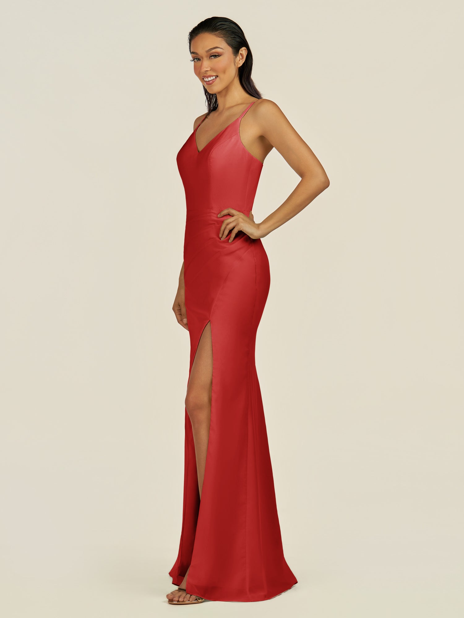 KissDress-Santillia Ruby Red Sheath Chiffon V Neck Long Bridesmaid Dress with Slit