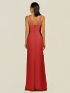 KissDress-Santillia Ruby Red Sheath Chiffon V Neck Long Bridesmaid Dress with Slit