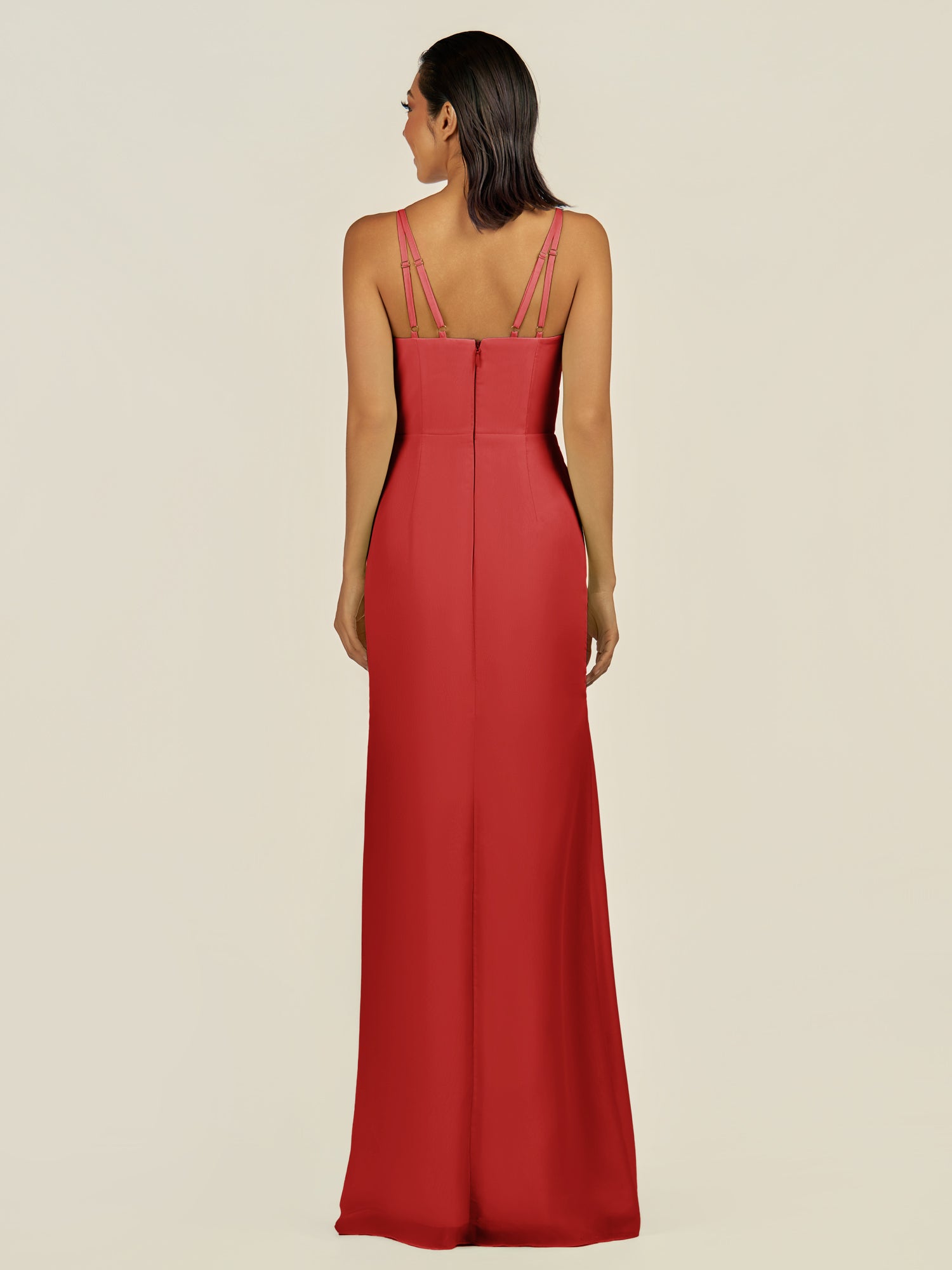 KissDress-Santillia Ruby Red Sheath Chiffon V Neck Long Bridesmaid Dress with Slit