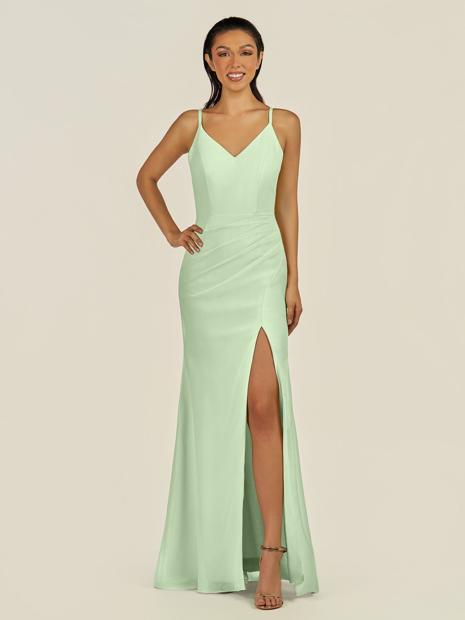 KissDress-Santillia Sage Sheath Chiffon V Neck Long Bridesmaid Dress with Slit