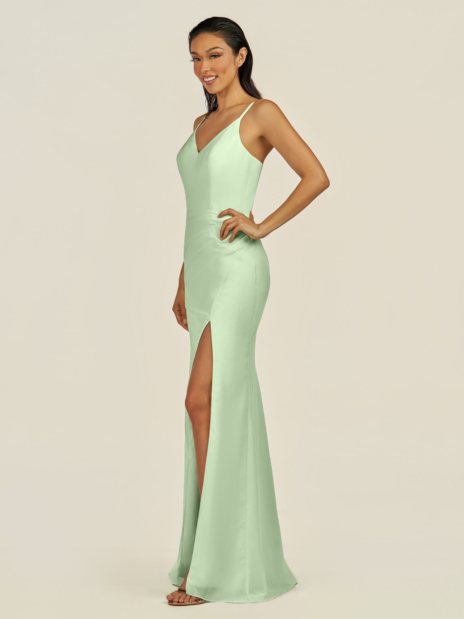 KissDress-Santillia Sage Sheath Chiffon V Neck Long Bridesmaid Dress with Slit