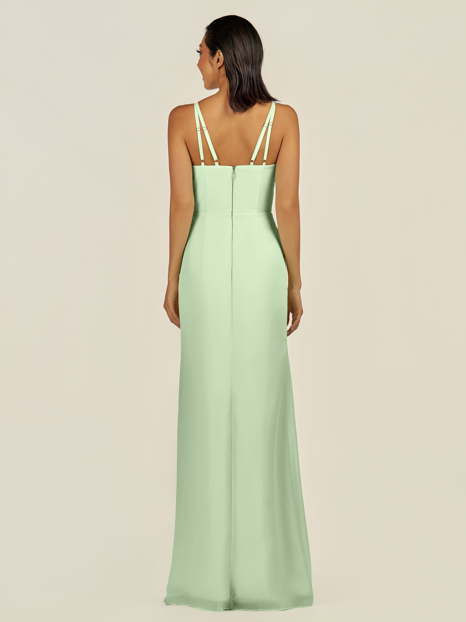KissDress-Santillia Sage Sheath Chiffon V Neck Long Bridesmaid Dress with Slit