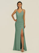 KissDress-Santillia Sea Glass Sheath Chiffon V Neck Long Bridesmaid Dress with Slit