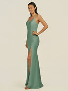 KissDress-Santillia Sea Glass Sheath Chiffon V Neck Long Bridesmaid Dress with Slit