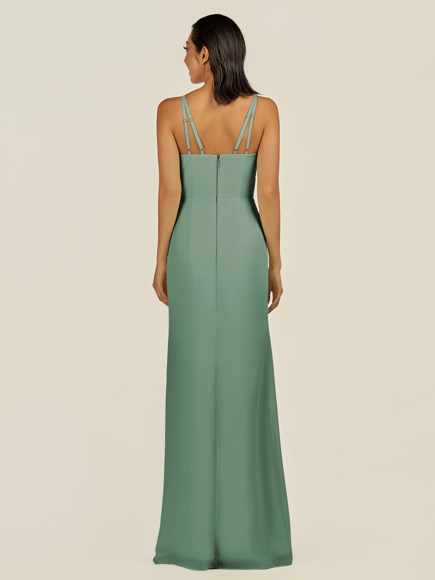 KissDress-Santillia Sea Glass Sheath Chiffon V Neck Long Bridesmaid Dress with Slit