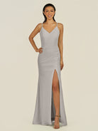 KissDress-Santillia Silver Sheath Chiffon V Neck Long Bridesmaid Dress with Slit