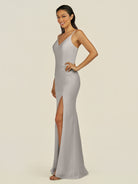 KissDress-Santillia Silver Sheath Chiffon V Neck Long Bridesmaid Dress with Slit