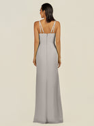 KissDress-Santillia Silver Sheath Chiffon V Neck Long Bridesmaid Dress with Slit