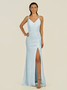 KissDress-Santillia Sky Blue Sheath Chiffon V Neck Long Bridesmaid Dress with Slit