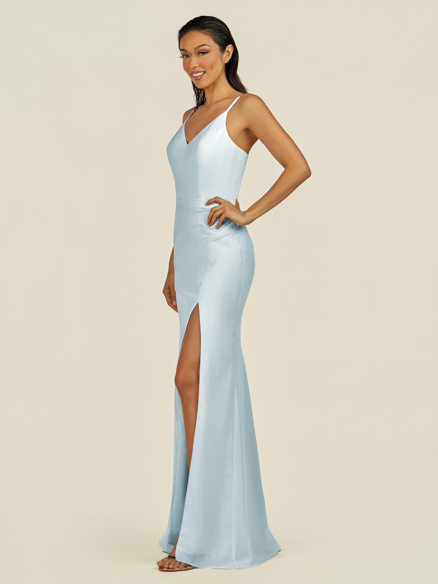 KissDress-Santillia Sky Blue Sheath Chiffon V Neck Long Bridesmaid Dress with Slit