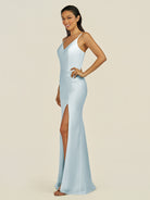 KissDress-Santillia Sky Blue Sheath Chiffon V Neck Long Bridesmaid Dress with Slit