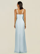 KissDress-Santillia Sky Blue Sheath Chiffon V Neck Long Bridesmaid Dress with Slit