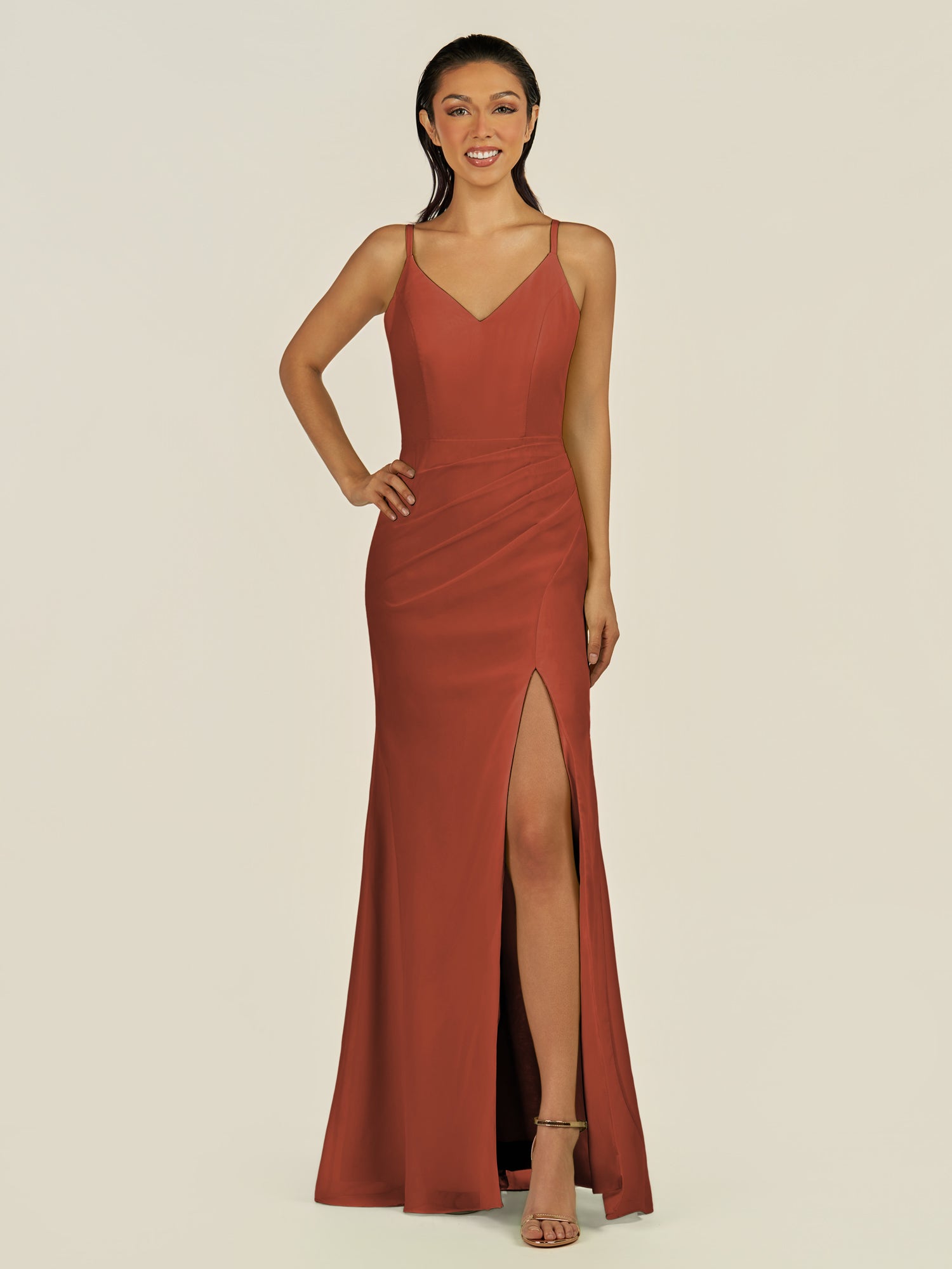 KissDress-Santillia Spice Sheath Chiffon V Neck Long Bridesmaid Dress with Slit