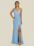KissDress-Santillia Steel Blue Sheath Chiffon V Neck Long Bridesmaid Dress with Slit