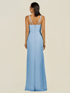 KissDress-Santillia Steel Blue Sheath Chiffon V Neck Long Bridesmaid Dress with Slit
