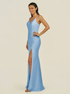 KissDress-Santillia Steel Blue Sheath Chiffon V Neck Long Bridesmaid Dress with Slit