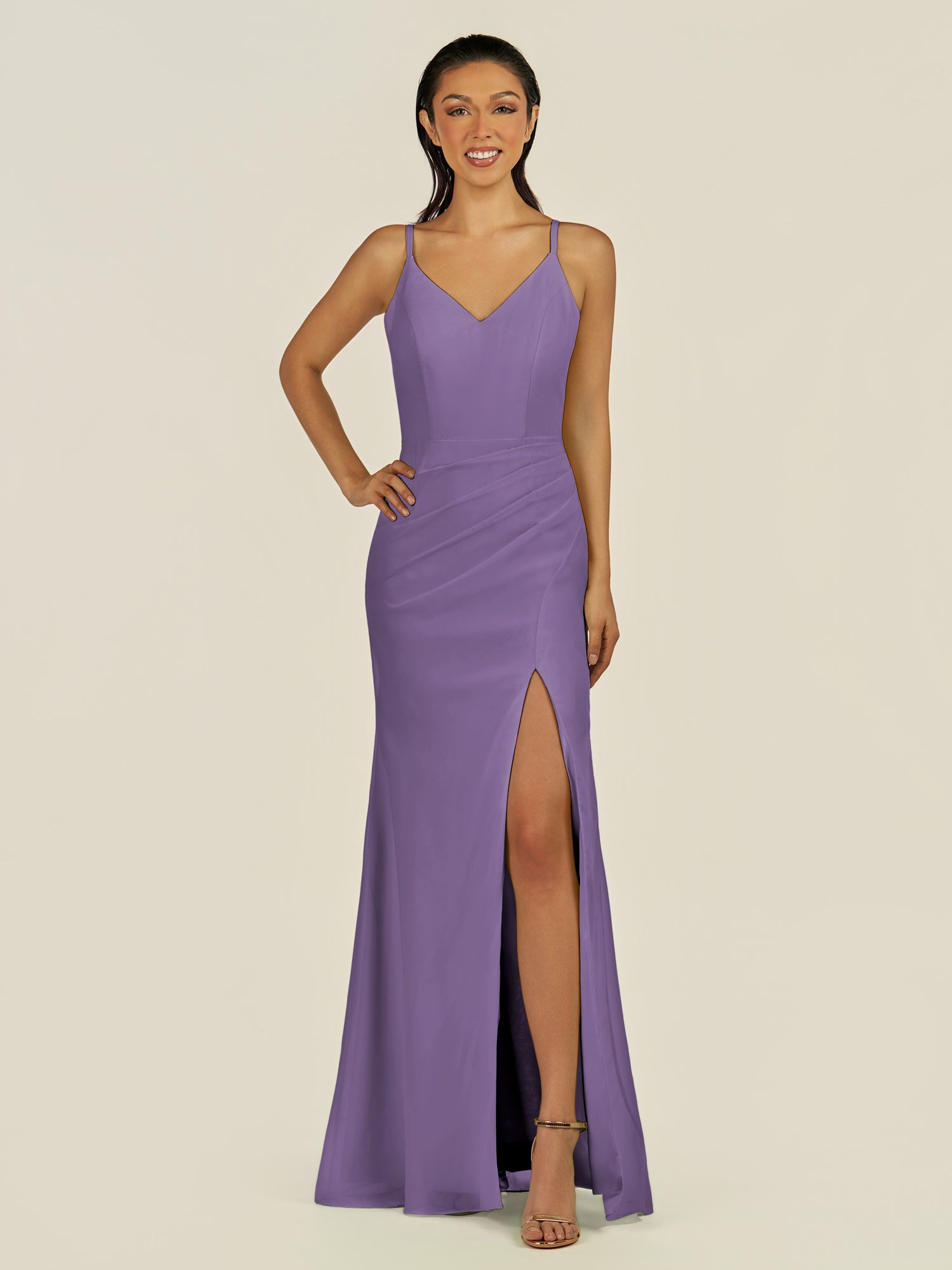 KissDress-Santillia Tahiti Sheath Chiffon V Neck Long Bridesmaid Dress with Slit