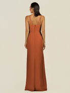 KissDress-Santillia Terracotta Sheath Chiffon V Neck Long Bridesmaid Dress with Slit