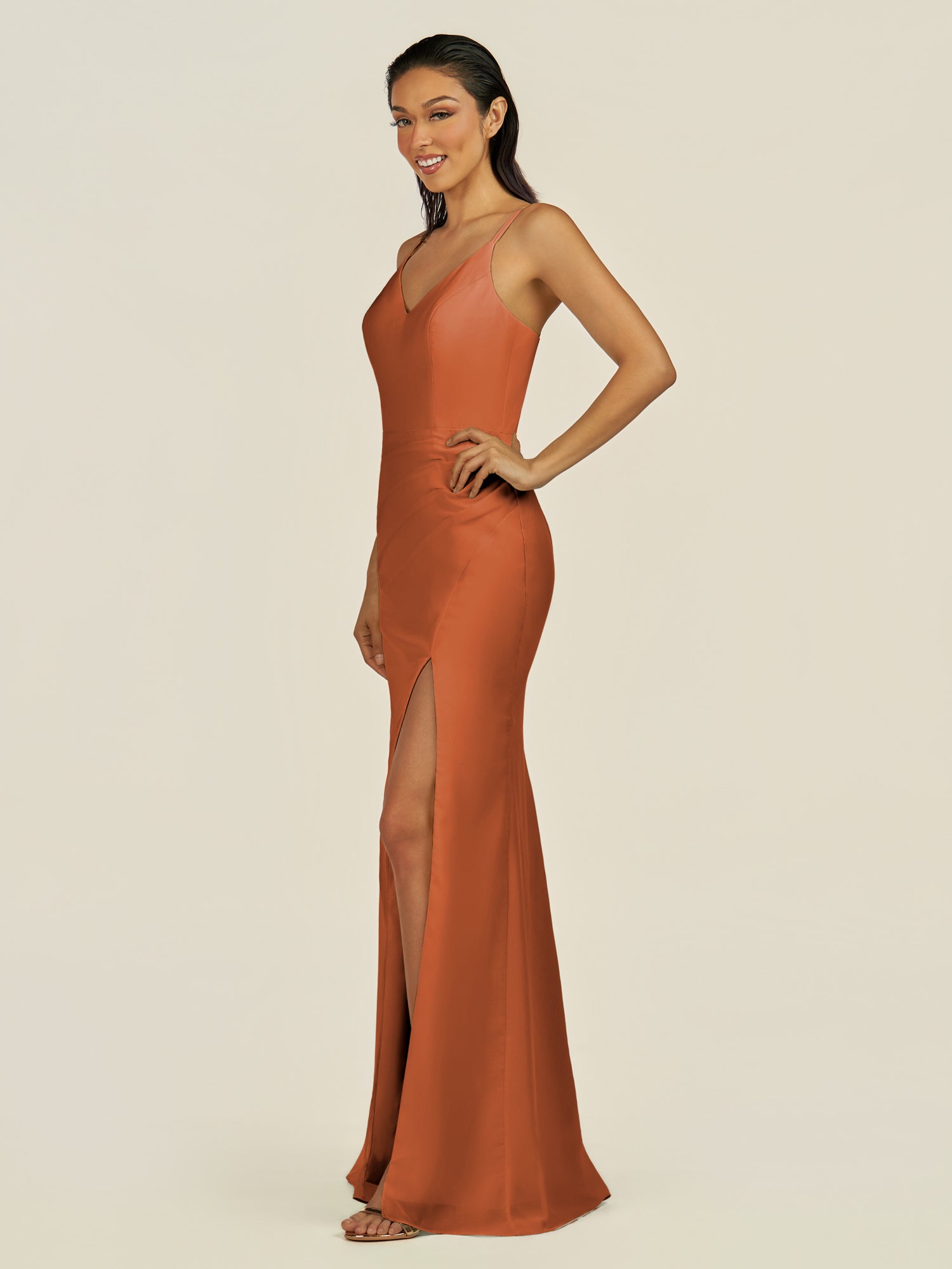 KissDress-Santillia Terracotta Sheath Chiffon V Neck Long Bridesmaid Dress with Slit