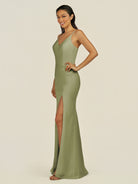 KissDress-Santillia Thyme Sheath Chiffon V Neck Long Bridesmaid Dress with Slit