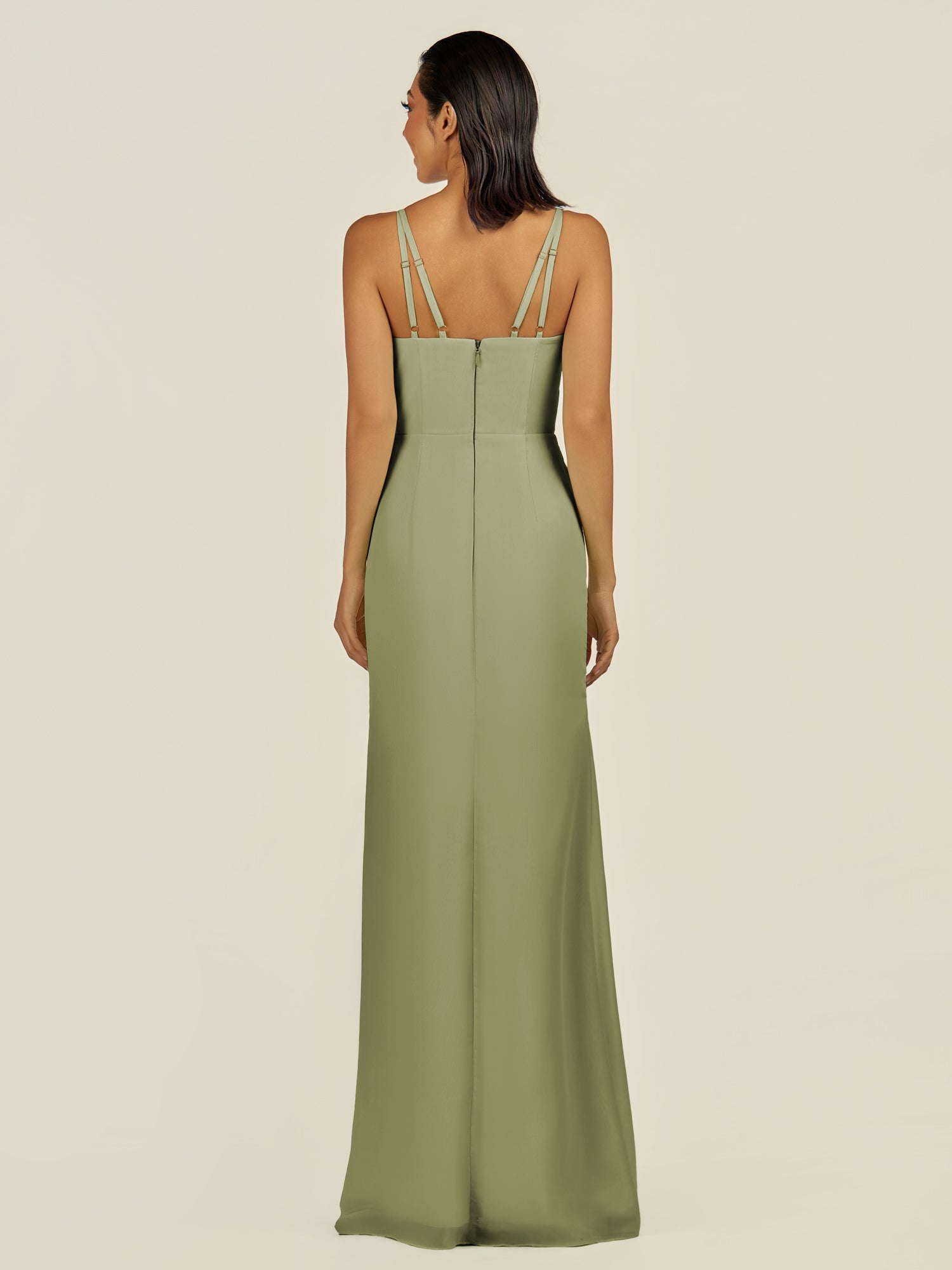 KissDress-Santillia Thyme Sheath Chiffon V Neck Long Bridesmaid Dress with Slit
