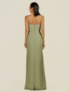 KissDress-Santillia Thyme Sheath Chiffon V Neck Long Bridesmaid Dress with Slit