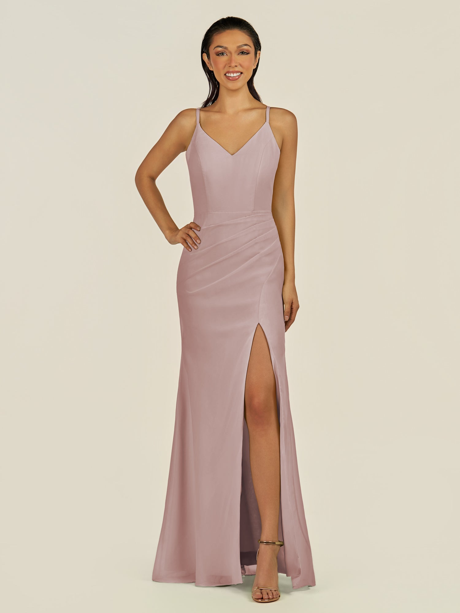 KissDress-Santillia Toffee Sheath Chiffon V Neck Long Bridesmaid Dress with Slit