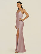 KissDress-Santillia Toffee Sheath Chiffon V Neck Long Bridesmaid Dress with Slit