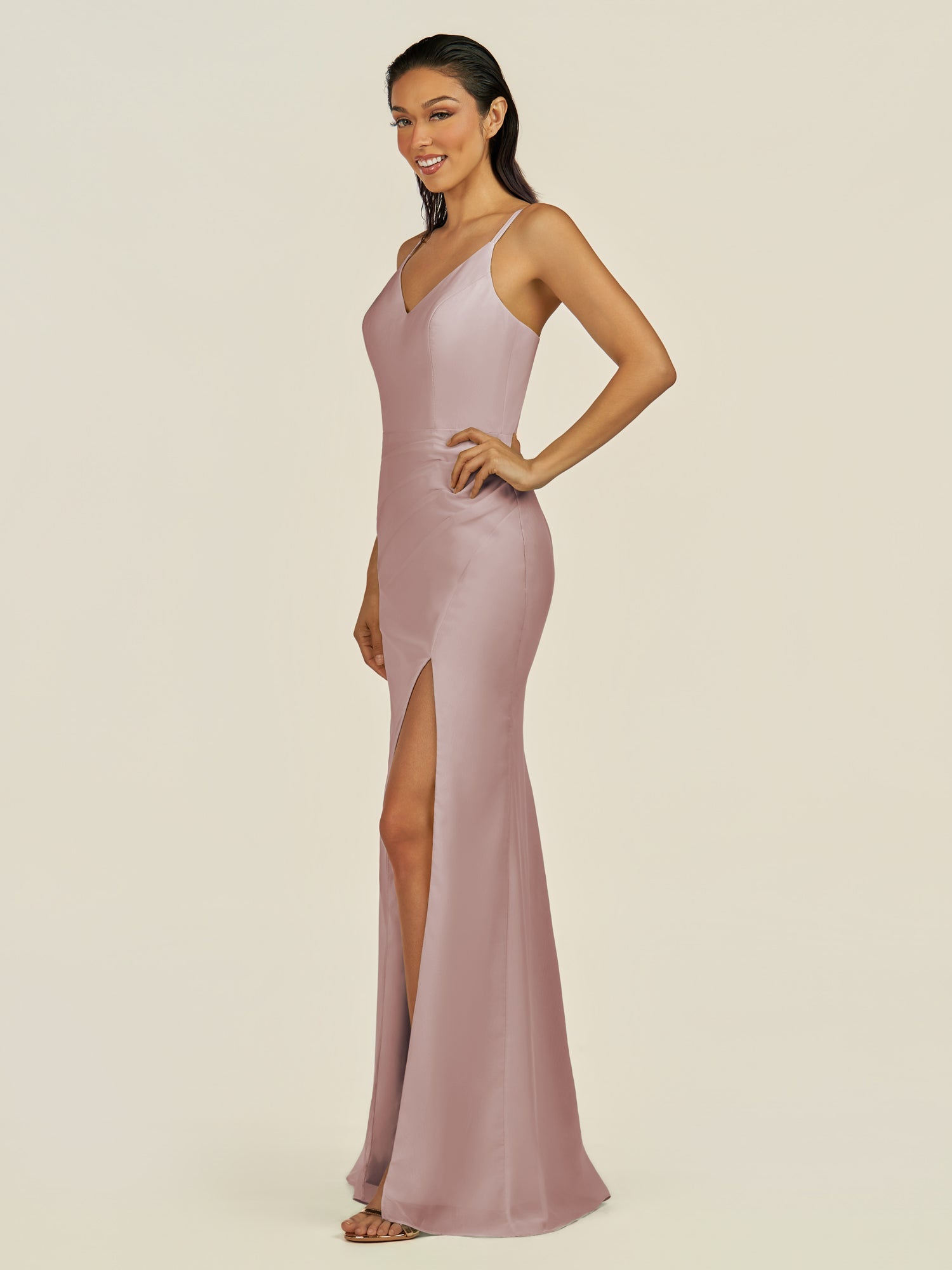 KissDress-Santillia Toffee Sheath Chiffon V Neck Long Bridesmaid Dress with Slit