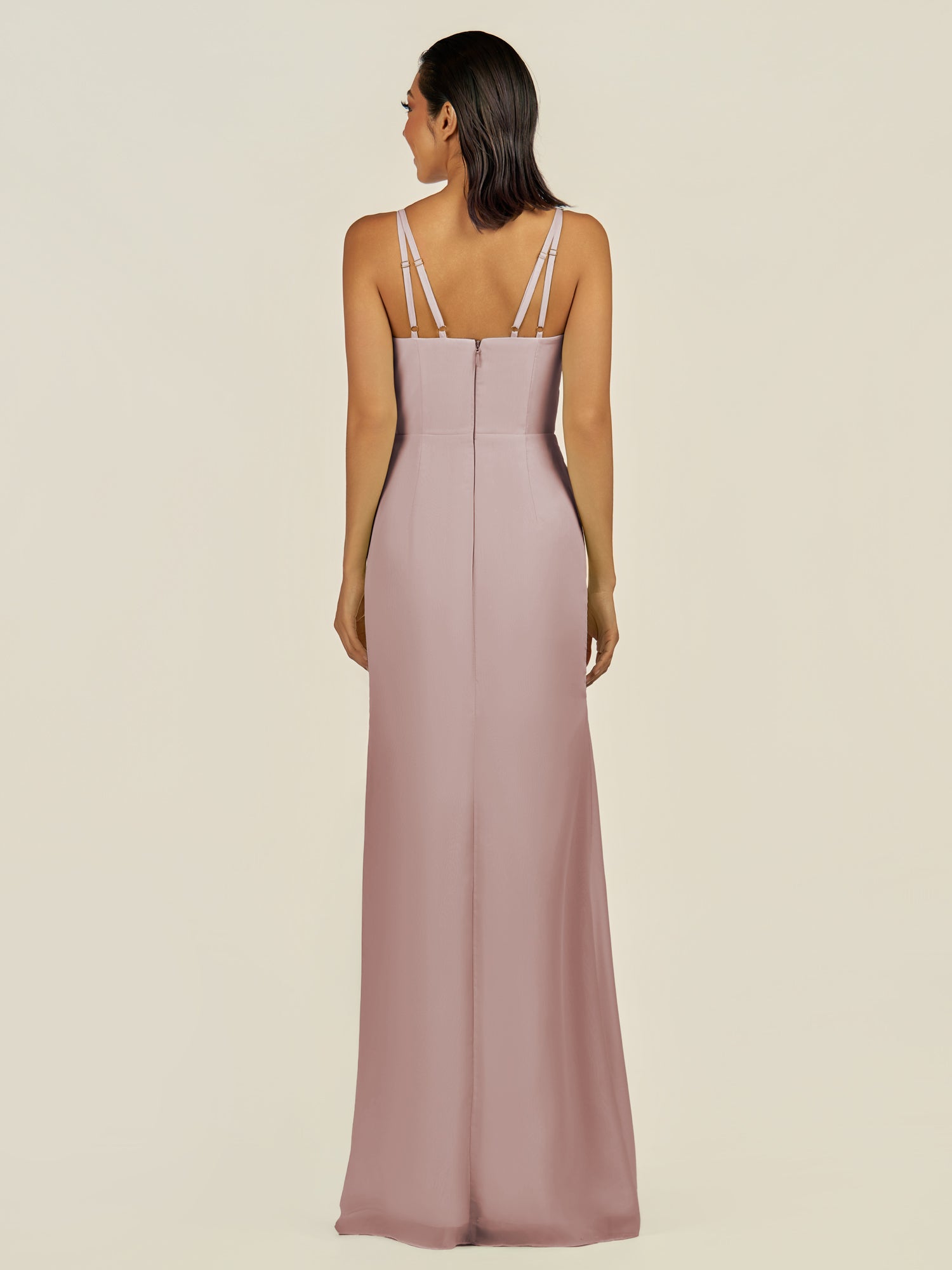 KissDress-Santillia Toffee Sheath Chiffon V Neck Long Bridesmaid Dress with Slit