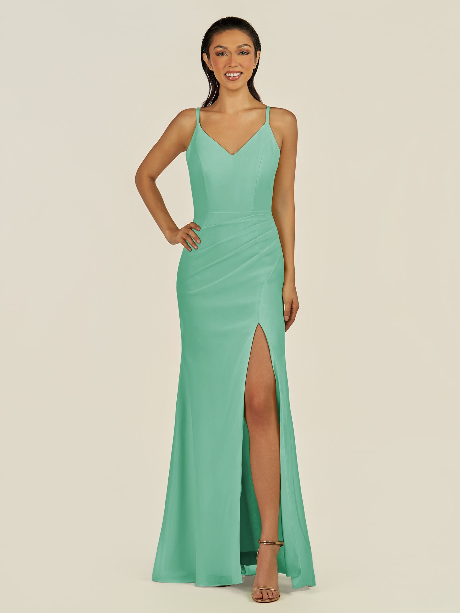 KissDress-Santillia Turquoise Sheath Chiffon V Neck Long Bridesmaid Dress with Slit