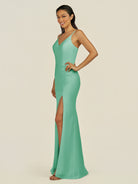 KissDress-Santillia Turquoise Sheath Chiffon V Neck Long Bridesmaid Dress with Slit