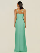 KissDress-Santillia Turquoise Sheath Chiffon V Neck Long Bridesmaid Dress with Slit