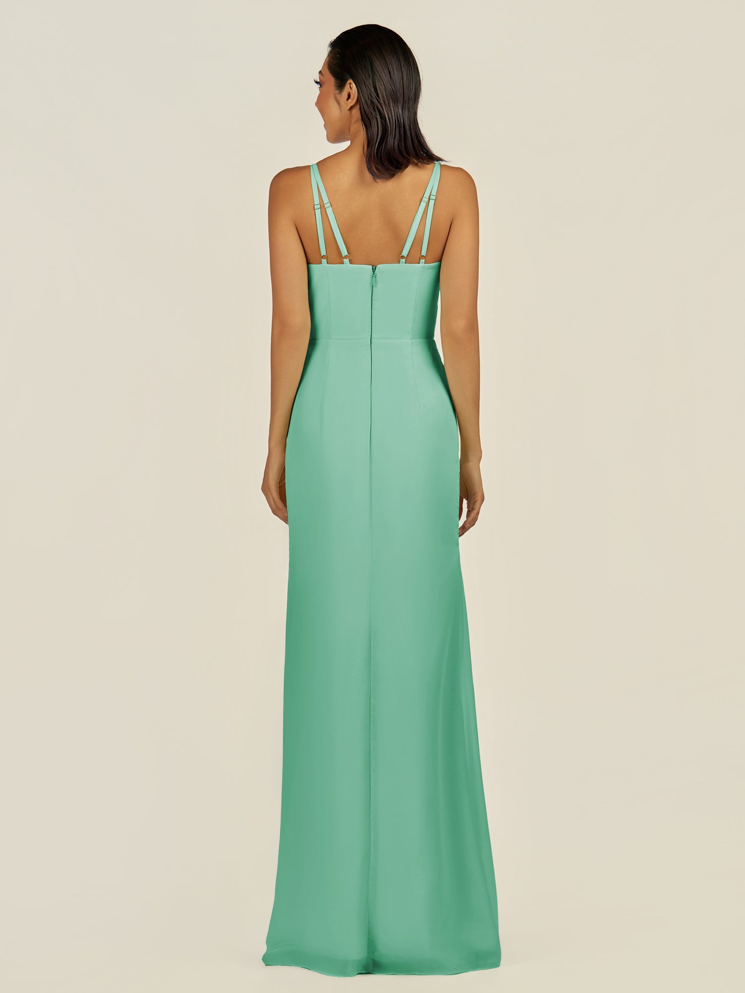 KissDress-Santillia Turquoise Sheath Chiffon V Neck Long Bridesmaid Dress with Slit