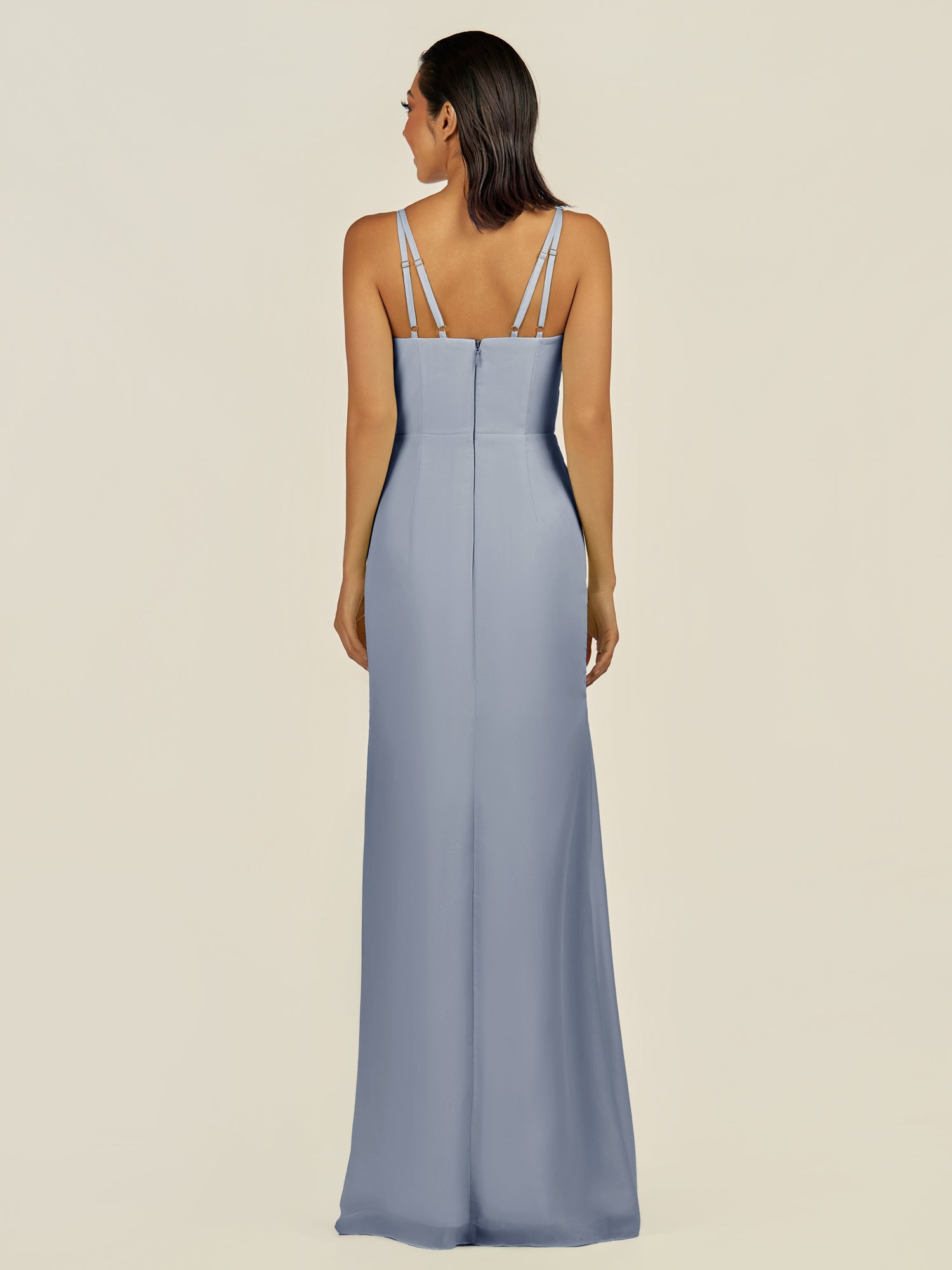 KissDress-Santillia Twilight Sheath Chiffon V Neck Long Bridesmaid Dress with Slit