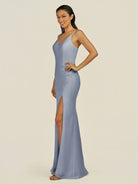 KissDress-Santillia Twilight Sheath Chiffon V Neck Long Bridesmaid Dress with Slit