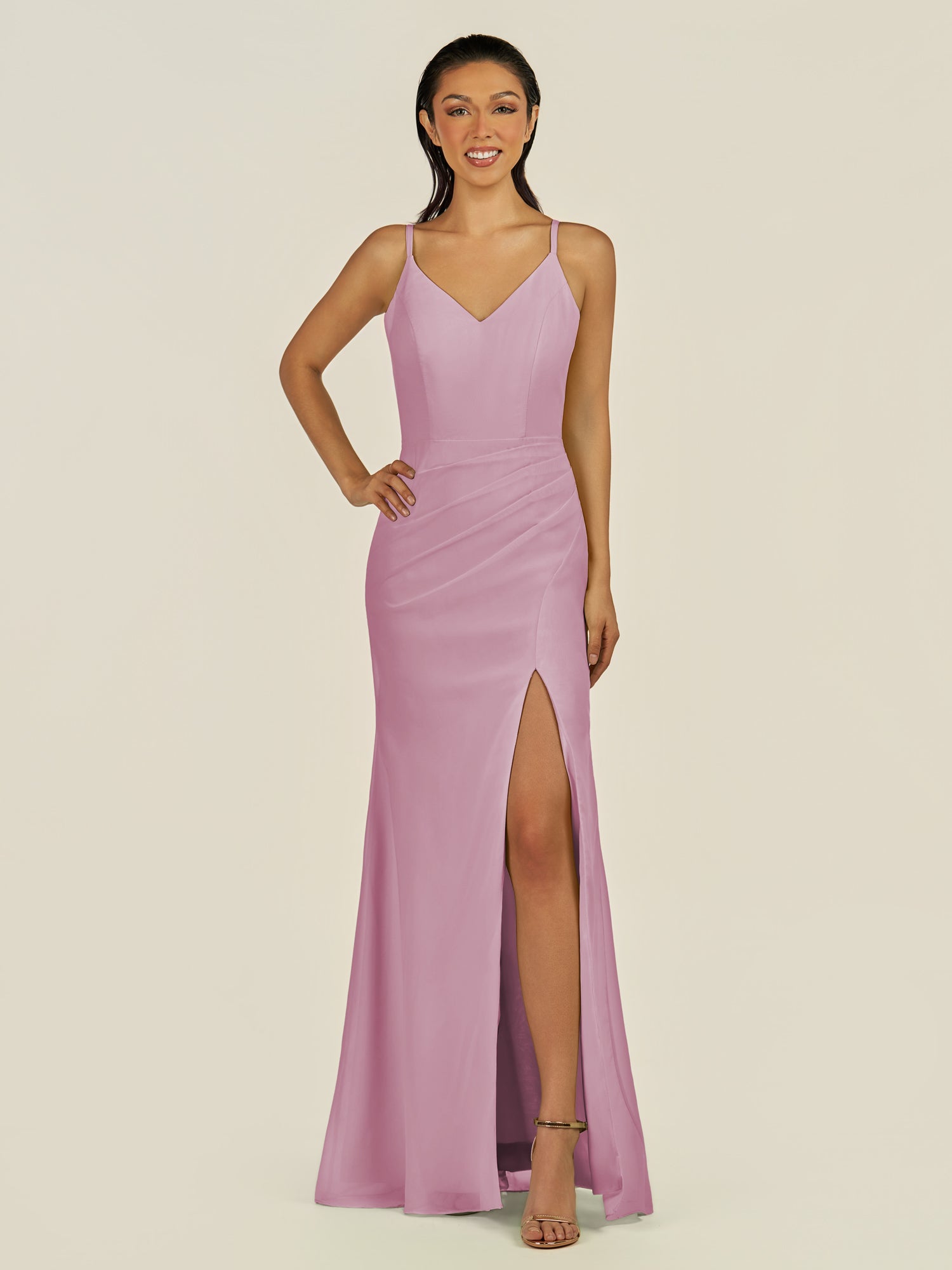 KissDress-Santillia Vintage Mauve Sheath Chiffon V Neck Long Bridesmaid Dress with Slit