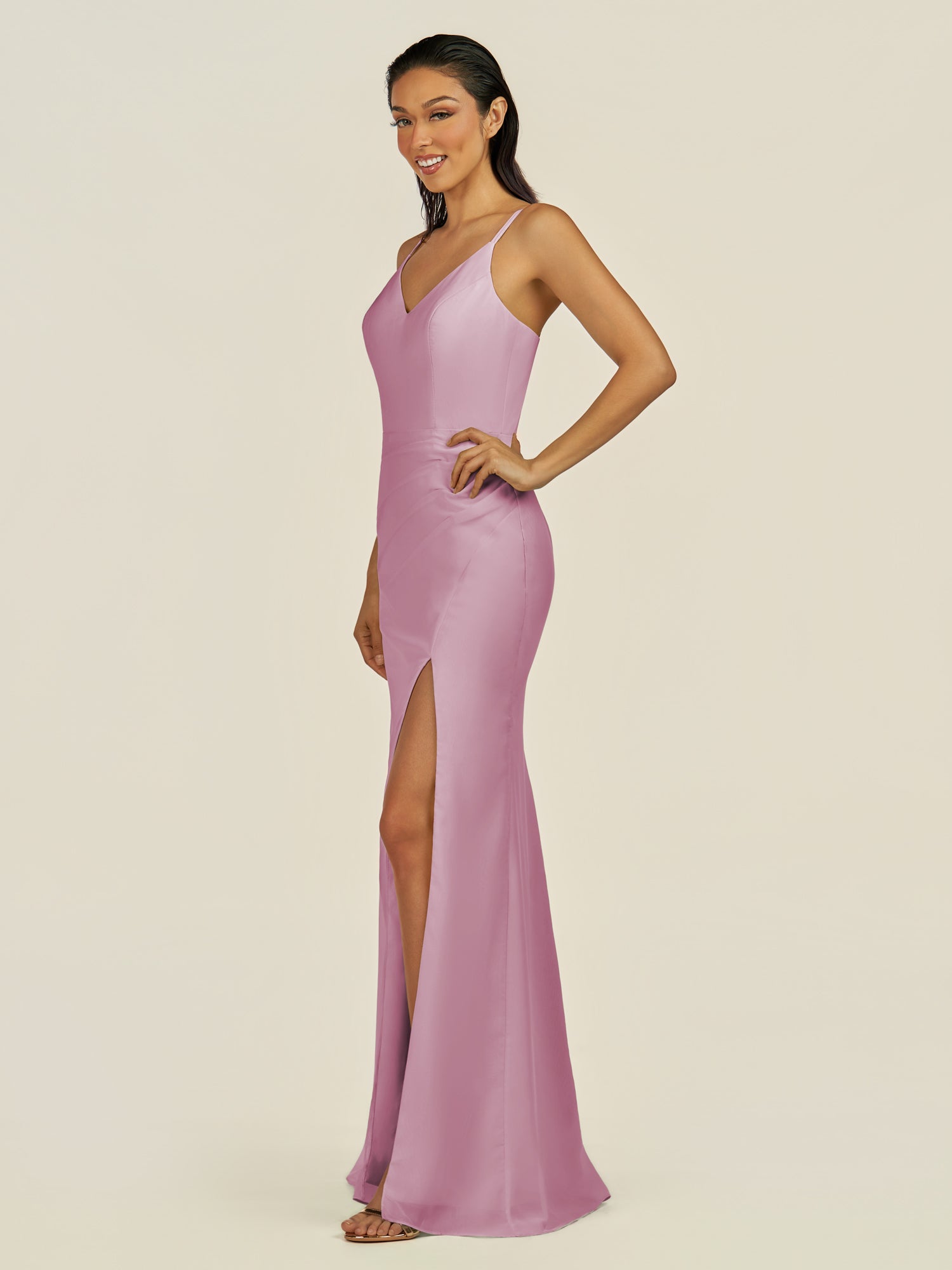 KissDress-Santillia Vintage Mauve Sheath Chiffon V Neck Long Bridesmaid Dress with Slit