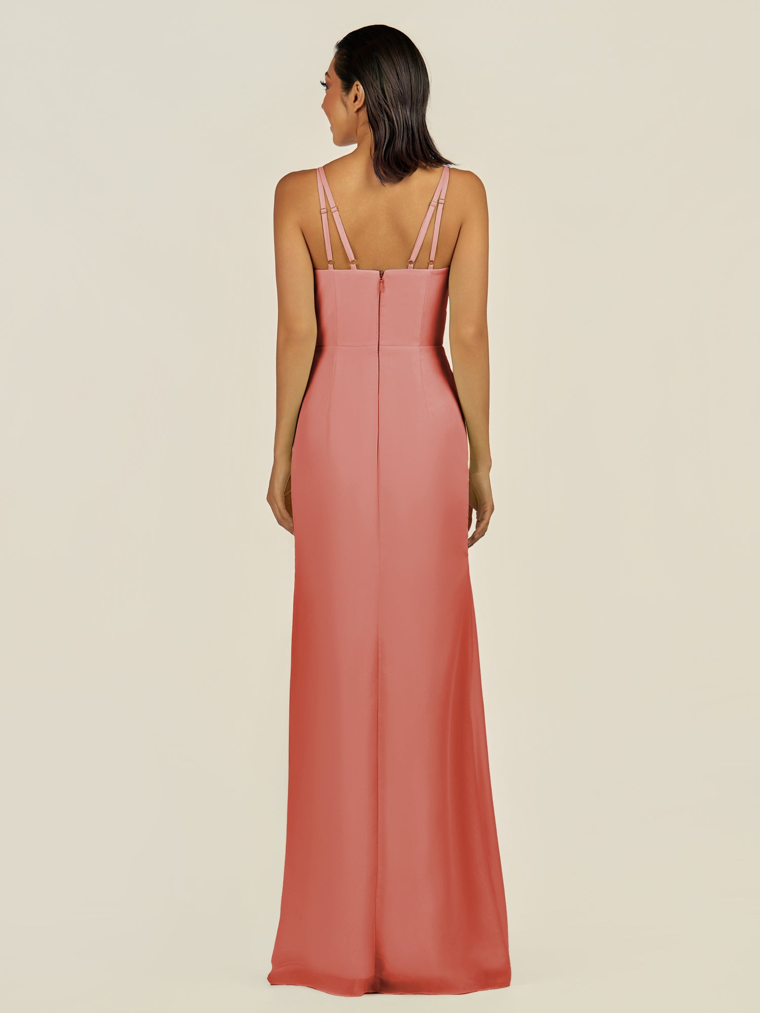 KissDress-Santillia Wild Rose Sheath Chiffon V Neck Long Bridesmaid Dress with Slit