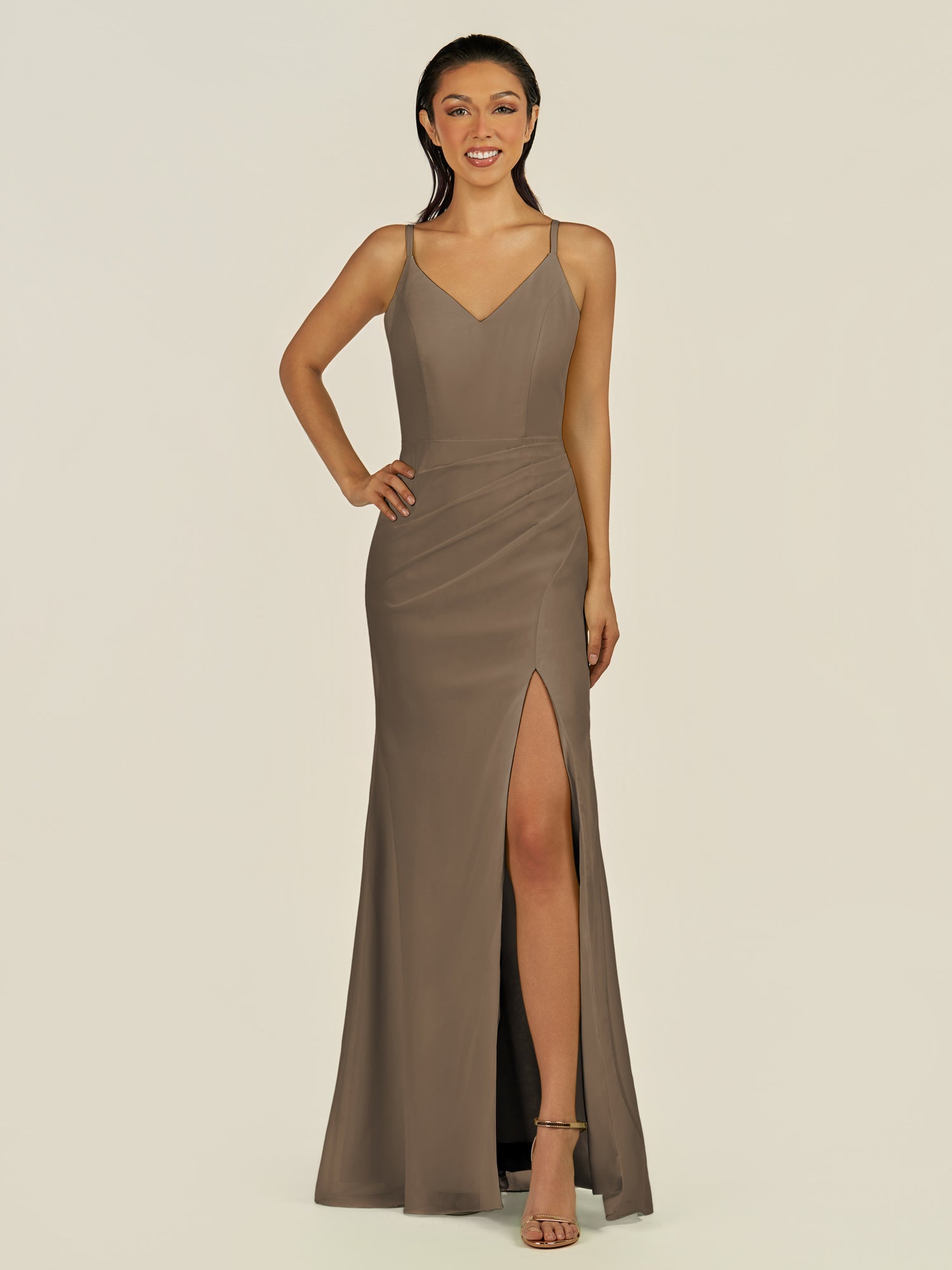 KissDress-Santillia Willow Green Sheath Chiffon V Neck Long Bridesmaid Dress with Slit