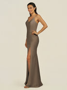 KissDress-Santillia Willow Green Sheath Chiffon V Neck Long Bridesmaid Dress with Slit