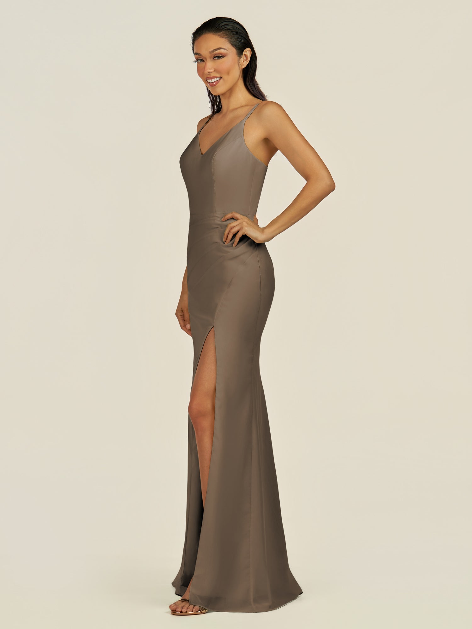 KissDress-Santillia Willow Green Sheath Chiffon V Neck Long Bridesmaid Dress with Slit