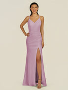 KissDress-Santillia Wisteria Sheath Chiffon V Neck Long Bridesmaid Dress with Slit